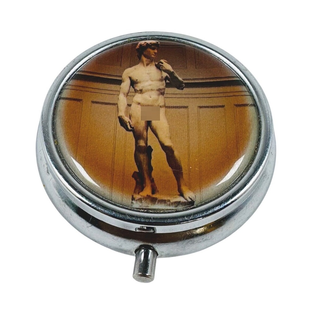 Michelangelo David Statue Round Metal Pill Box Silver Tone Renaissance Eclectic